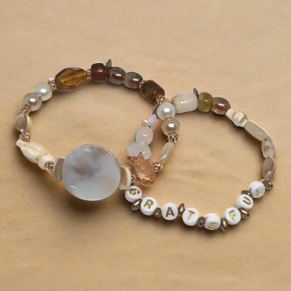 Natural Shell Stone Glass Coastal Chic Affirmation Eclectic Handmade Bracelets - Picture 1 of 6